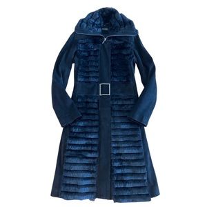 Black Knee Length Suede Rabbit Fur Trimmed Coat sz Small